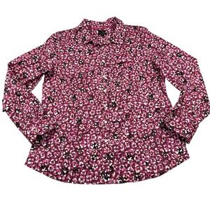 Talbots Non-Iron Cotton Blend Pink Floral‎ Leopard Print Button-Up Shirt Size 14